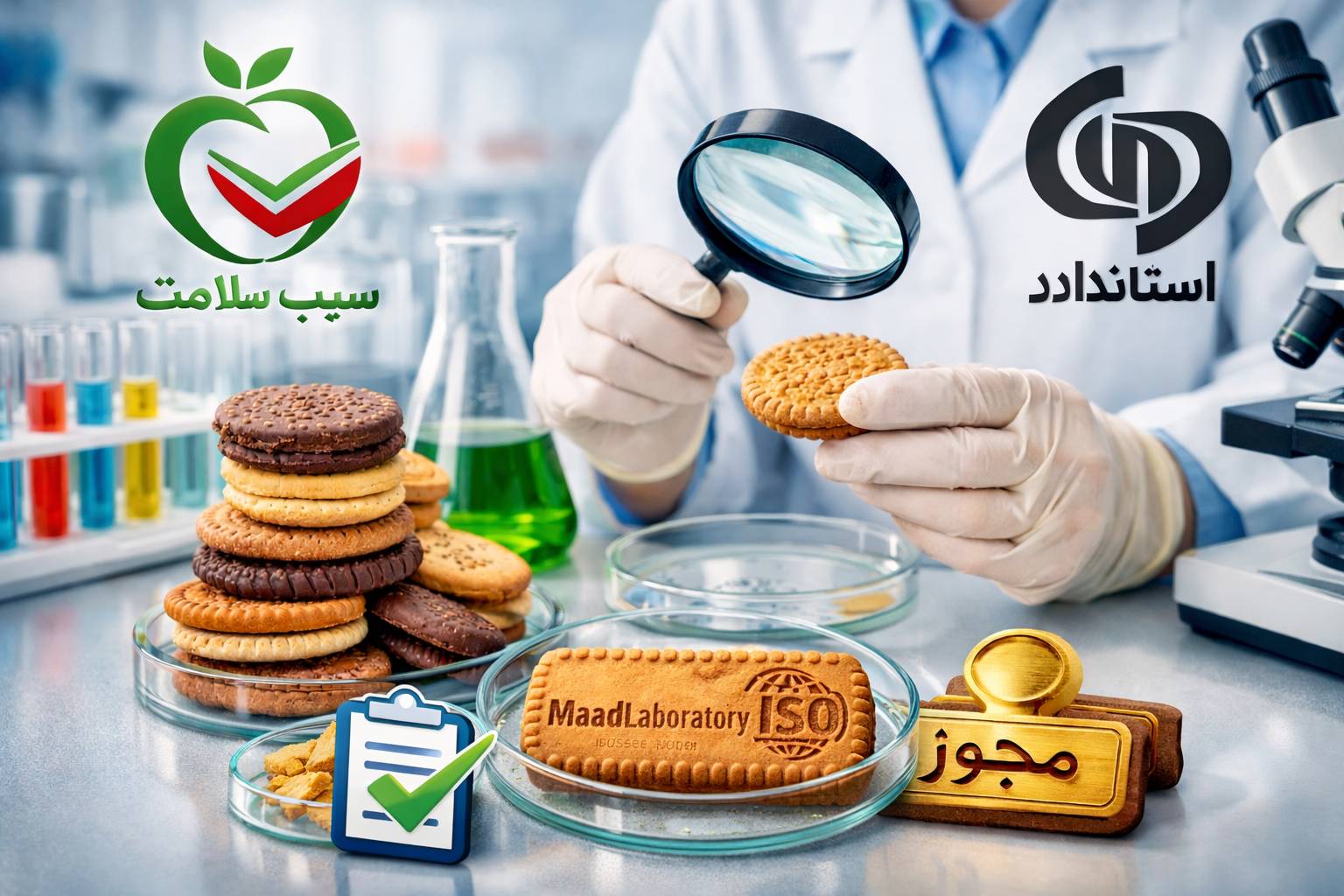 آزمایش بیسکوییت برای اخذ سیب سلامت و نشان استاندارد در آزمایشگاه مواد غذایی